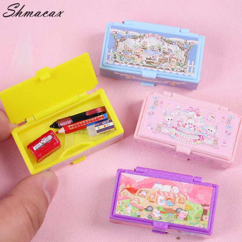 Dollhouse Miniature Stationery Pencil Case, Caixa Organizadora, Modelo Simulação Cena Acessórios, Brinquedos para crianças