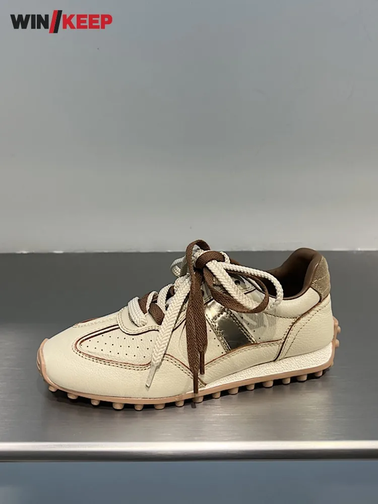 

Versatile Comfortable Women Lace Up Mixed Color Jogging Sneakers Genuine Leather Breathable Female Sport Shoes Running Trainers