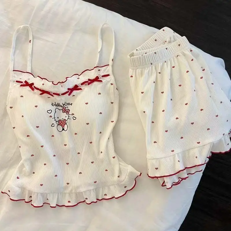 

Сексуальная пижама Sanrio Hello Kitty, женская пижама с шортами, безрукавка, ночная сорочка с завязками на шее, милая пижама с мультяшным принтом, летний домашний комплект