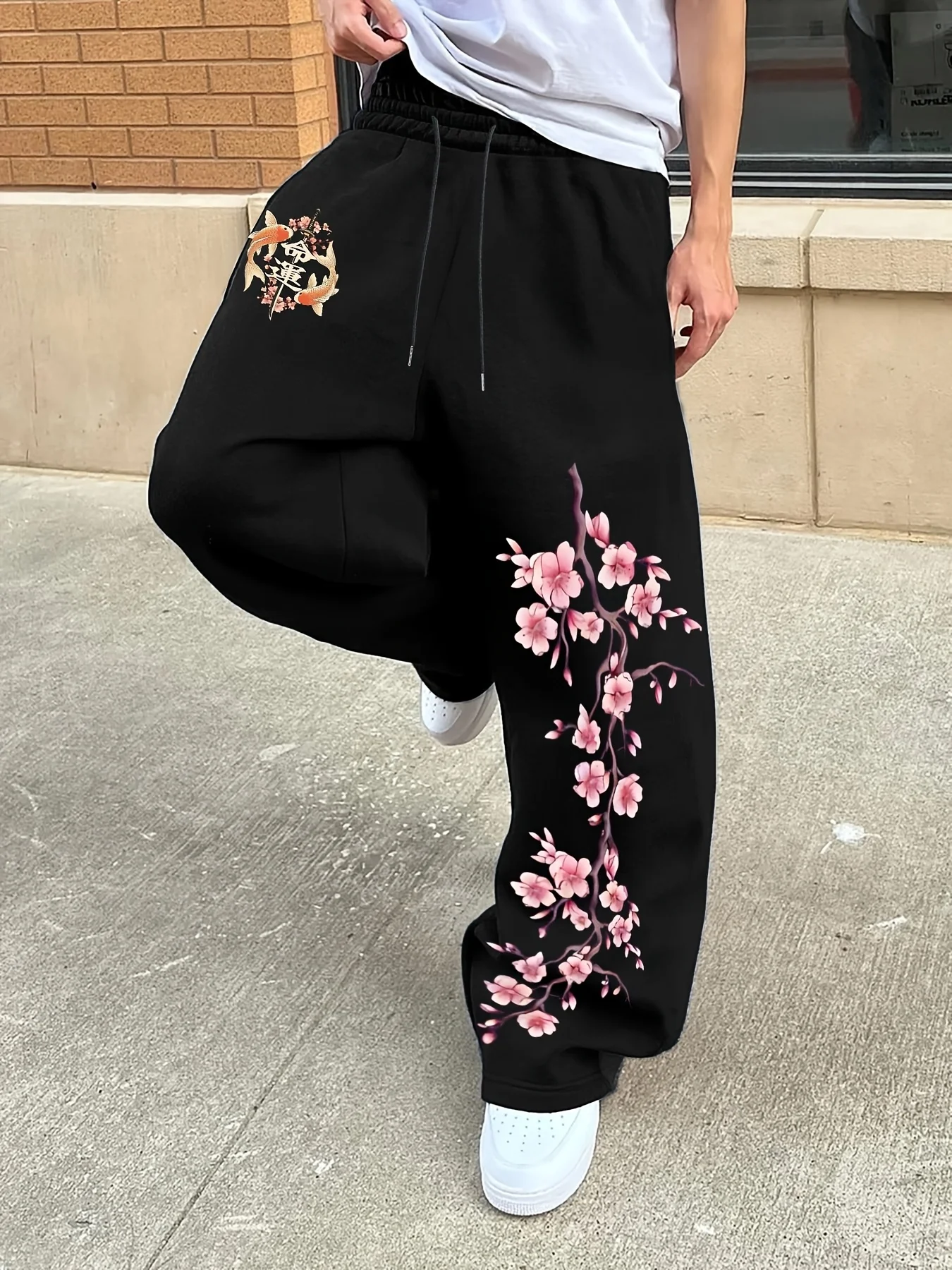 26 Trendige Unisex-Jogginghosen mit geradem Bein und Sakura-Blumenmuster, chinesischer Stil, Blumendruck, Colorblock, Hip-Hop-Street-Style, lange Hose – Detail 7