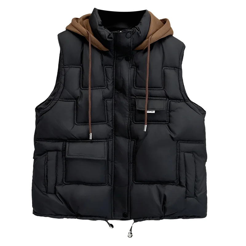 XXXXXL موضة حجم كبير المرأة سترة مبطنة 2025 الشتاء الكورية نمط وهمية قطعتين مقنعين الدافئة أكمام سستة سترة 6875