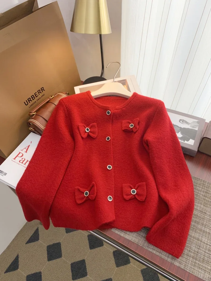 New 2024 Autumn Winter Knitted Cardigans And Sweaters For Women Single Buttons White Red Or Pink Sweater Women Tops Outwears