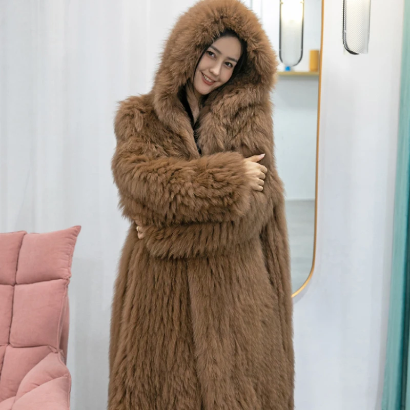 2023 Imported Real Fox Fur Coat Female Hooded Long Fur Young Women's Clothes High Street Fashion Classic Warmth Slim Fur Jackets