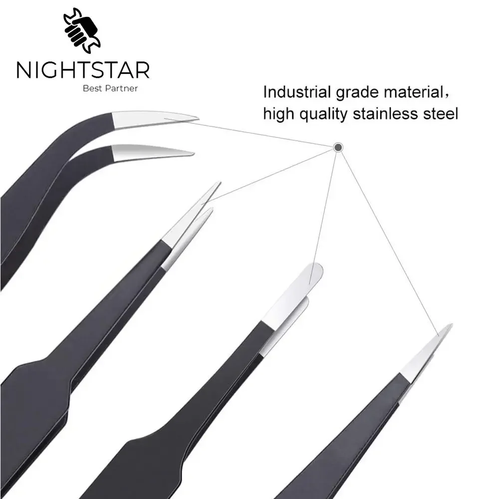 Juego de pinzas de precisión antiestáticas, pinzas ESD de acero inoxidable, herramienta de soldadura de reparación electrónica para pestañas de belleza