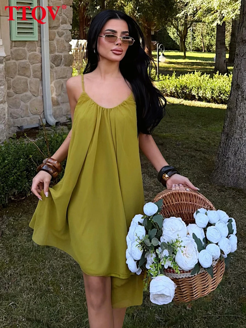 

TTQV Sexy Loose Green Women's Dress 2026 Summer Strap Sleeveless Mini Dresses Lady Elegant Classic Backless Solid Female Dress