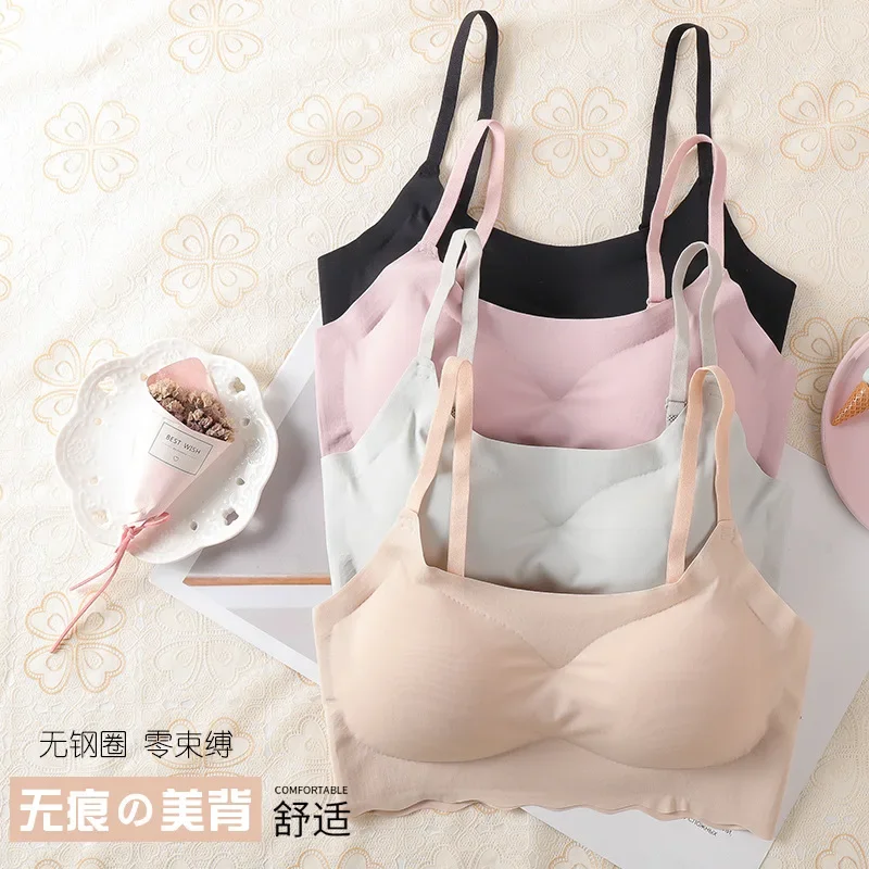 Lingerie Sutra Es Tanpa Jahitan Laris untuk Wanita, Camisole Seksi dengan Desain Cantik di Bagian Belakang dan Pembungkus Dada, Bra Olahraga Tidur Wanita