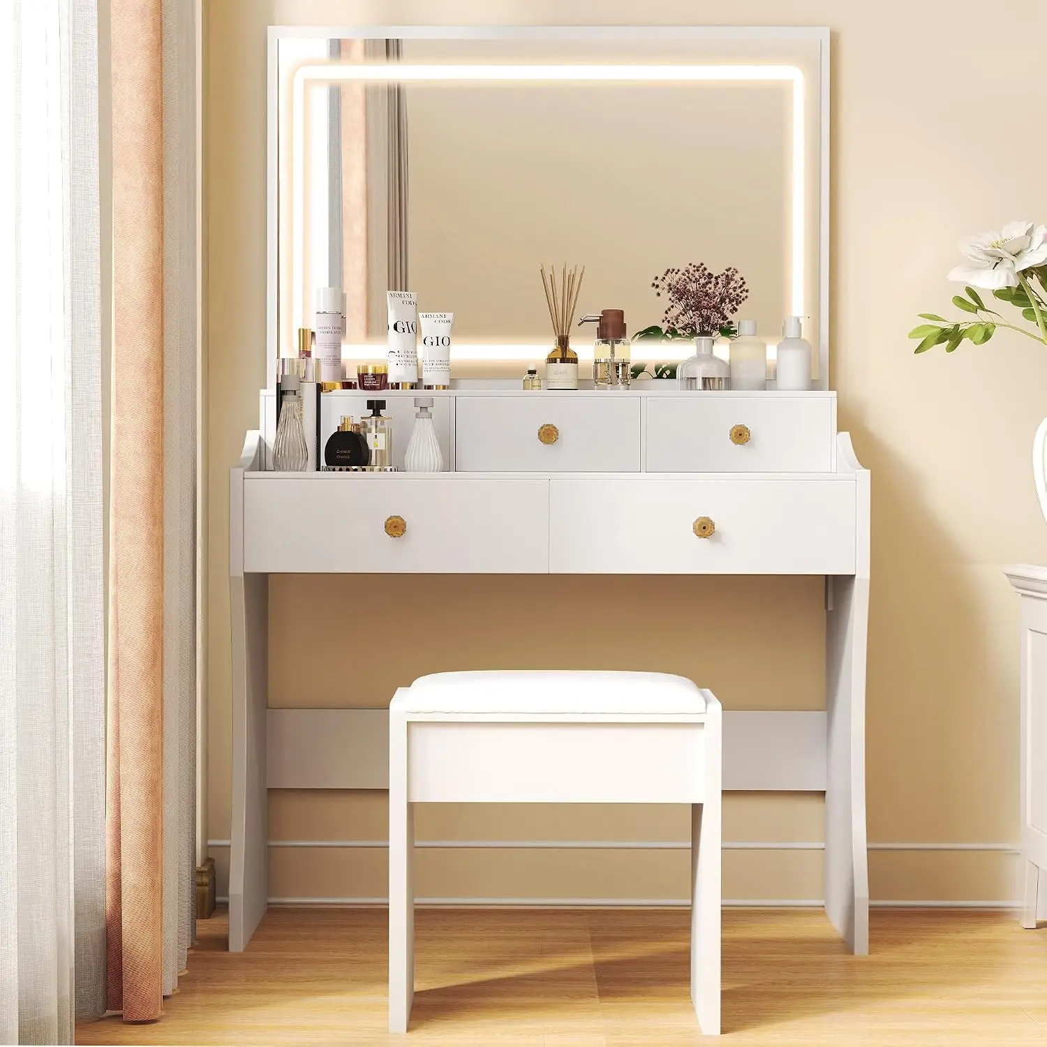 Makeup Vanity Desk with Mirror and Lights, Vanity Table and Chair Set with 5 Drawers & Charging Station, Modern Dressing Table