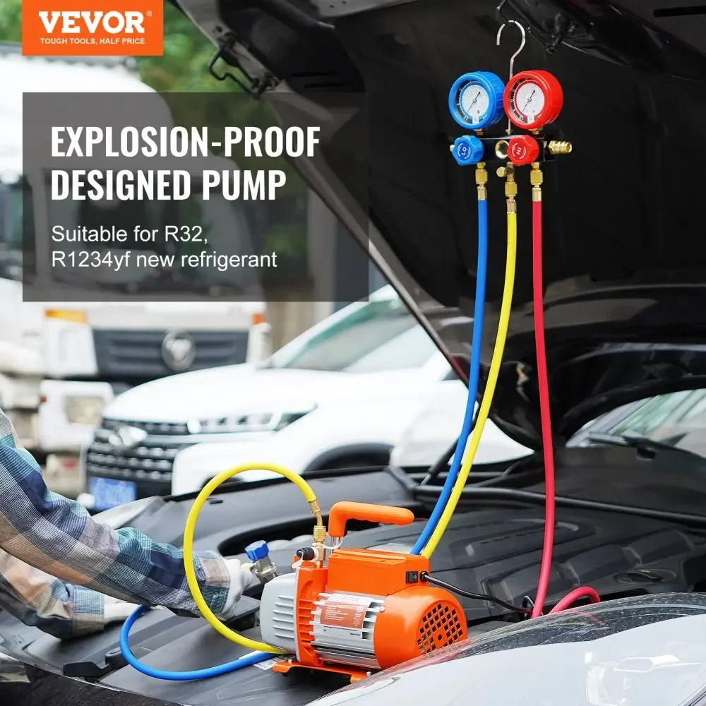 VEVOR  AC Vacuum Pump and Gauge Set,4.5 CFM /3.5 CFM  Single Stage  Air Vacuum Pump A/C Refrigerant Kit Manifold Gauge Set