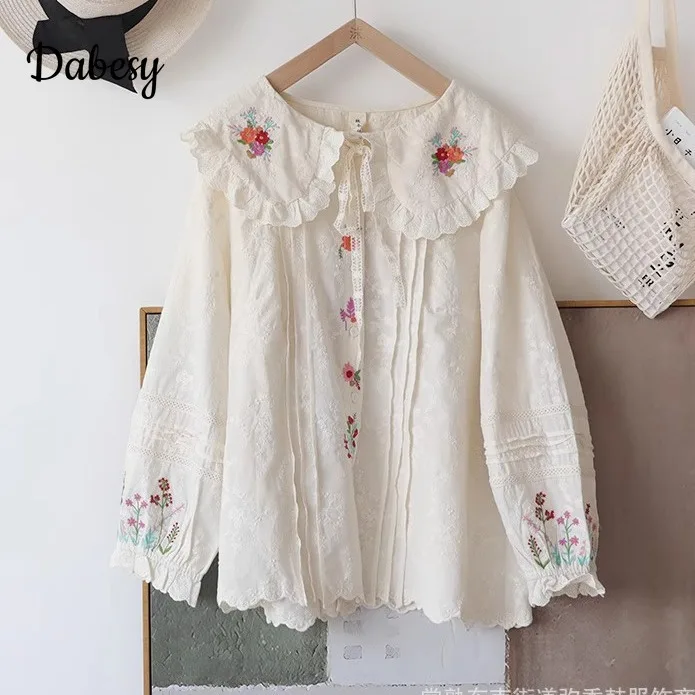 Japanese Big Peter Pan Collar Lolita Blouses Women Vintage Embroidery Preppy Style Long Puff Sleeve Shirt Mori Girl Kawaii Tops