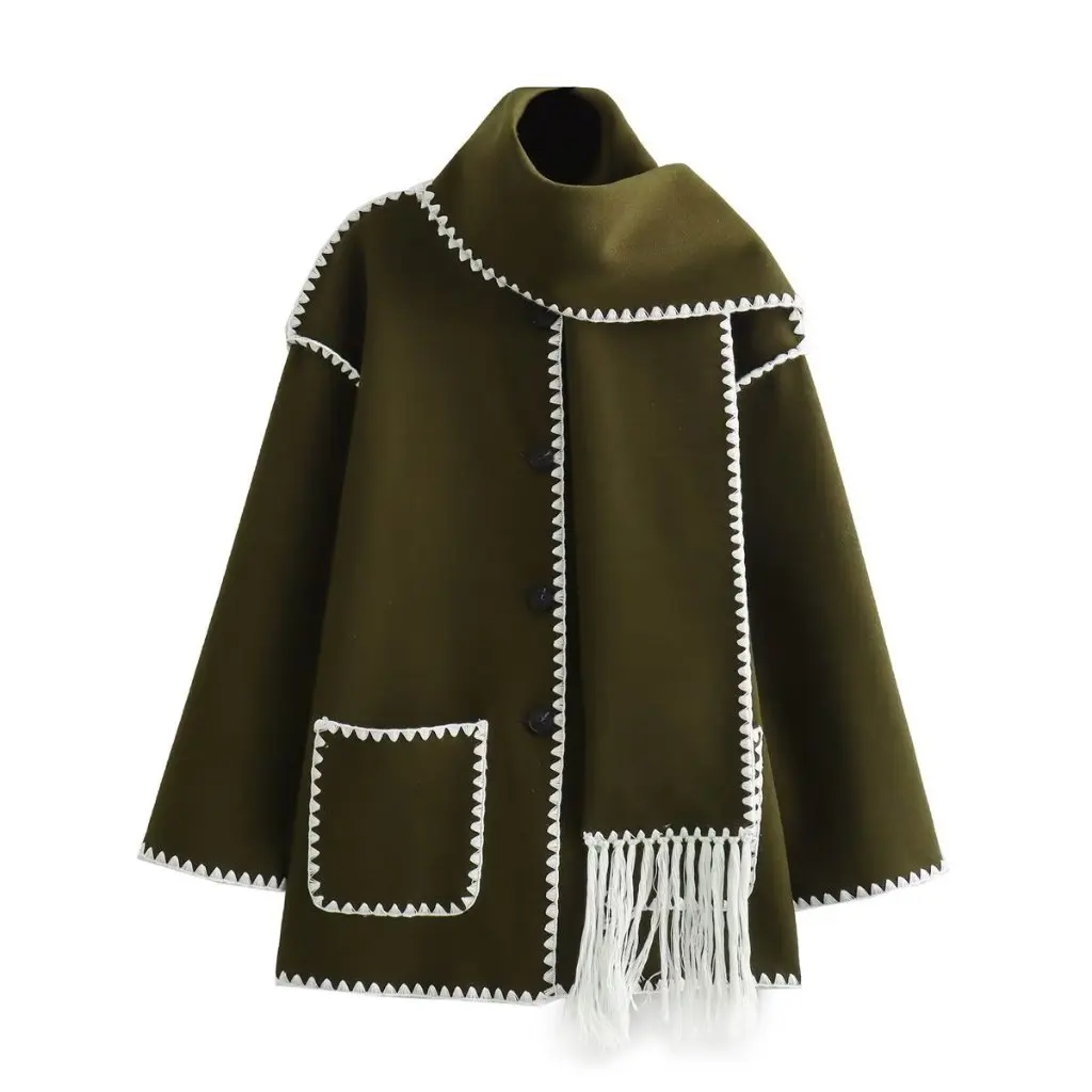 

4-Color Scarf Decorative Splicing Woolen Jacket European And American Style Women's Fashion Outerwear for Autumn Winter