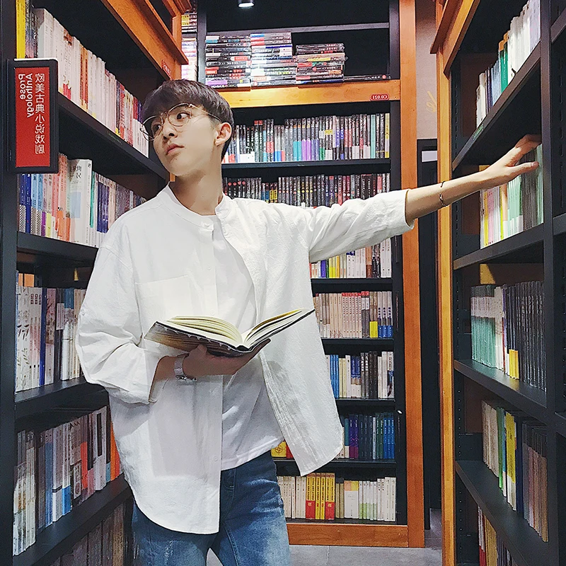 

Летняя новинка: мужская льняная рубашка в японском стиле с воротником-стойкой, цветная, из хлопка и льна, модная мужская рубашка из хлопка и льна