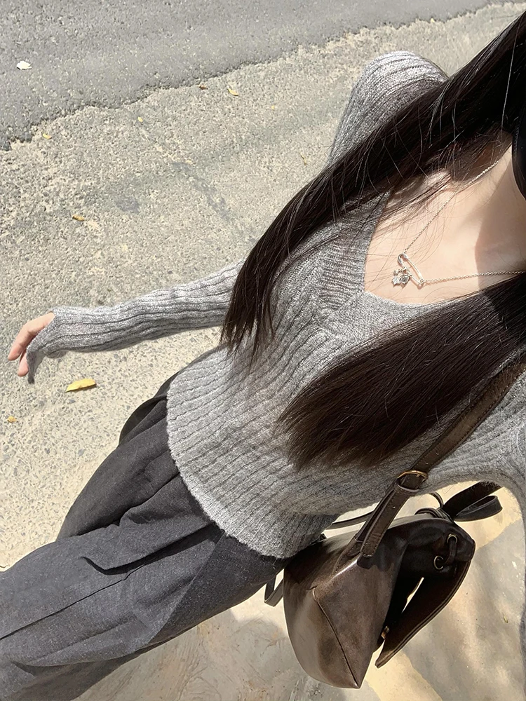 

V-Ne Knitted ey Sweater for Women Slizing Sle Spring Autumn Inner Wear Slim Fit Base irt Top Romantic Sle