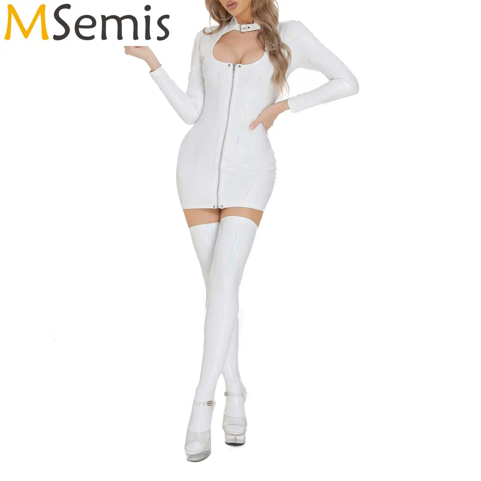 Sexy Damen Lackleder-Latexkleid, figurbetontes Kleid mit Strümpfen, Set, Catsuit, Pole Dance-Kostüm, Rave-Party, Wet-Look, Club-Kleidung