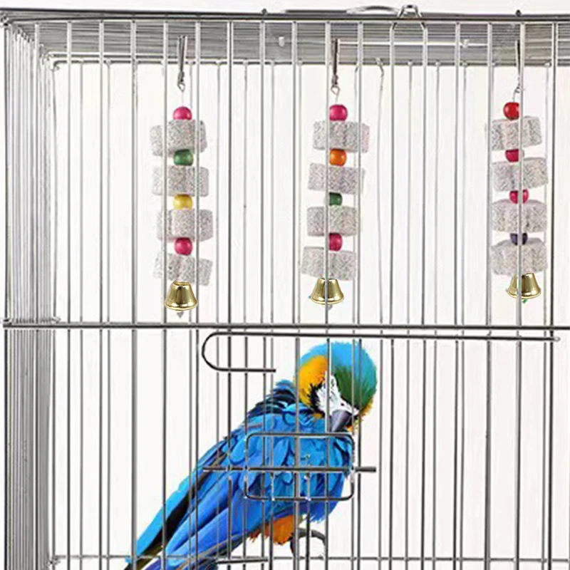 Bird Cage Toy Mineral Molar Stone Chewing Toy Flower Shape Hanging Type with Bells Sounding Toy for Parrot Bird Accessories