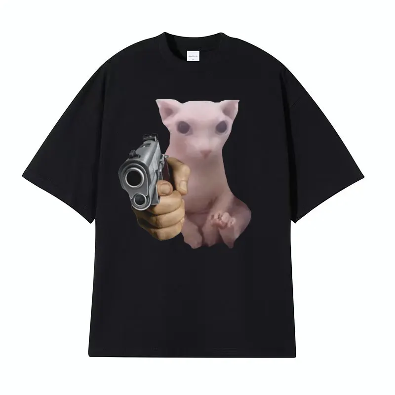 Funny Bingus with Gun Cat Meme Tee Shirt Men Women\'s Casual Harajuku Fashion T-shirts Male 100% Cotton O-Neck Loose T Shirt Tops