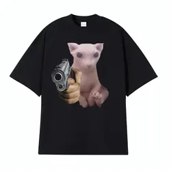 Funny Bingus with Gun Cat Meme Tee Shirt Men Women's Casual Harajuku Fashion T-shirts Male 100% Cotton O-Neck Loose T Shirt Tops