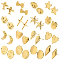 Never Fade Gold Color Earrings With Earplug Round Heart Shell Fashion Jewelry Stainless Steel Earrings For Women Men Accessories
