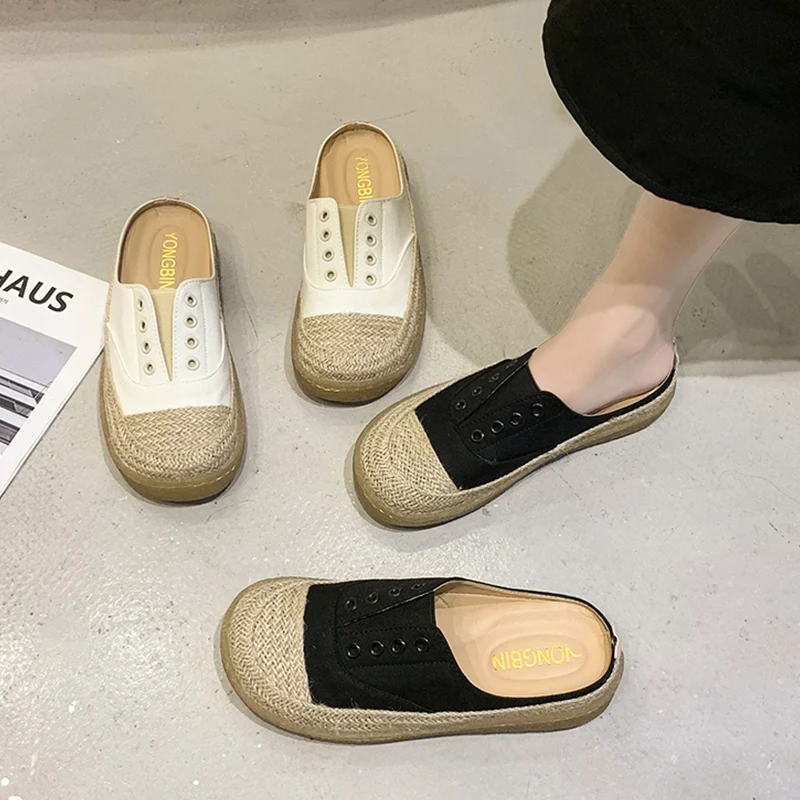 Women's Flat Canvas Slip-On Shoes Summer Outdoor Wear BaoTou Halfl Slippers Straw Weave Fisherman Shoes No-Heel Casual Style
