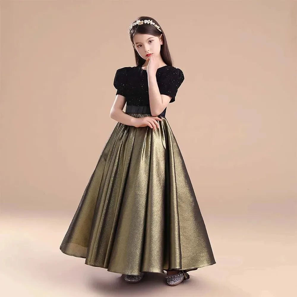 KYDYNQJ Black and Gold Girl Dresses Wedding Bridesmaid Skirt Girls Pageant Gown Floor Length Prom Dresses I