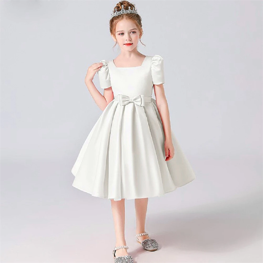 Flower Girl Dress Princess Ball Elegant Satin Short-sleeved Bow Belt First Communion Dresses Kids Surprise Birthday Present