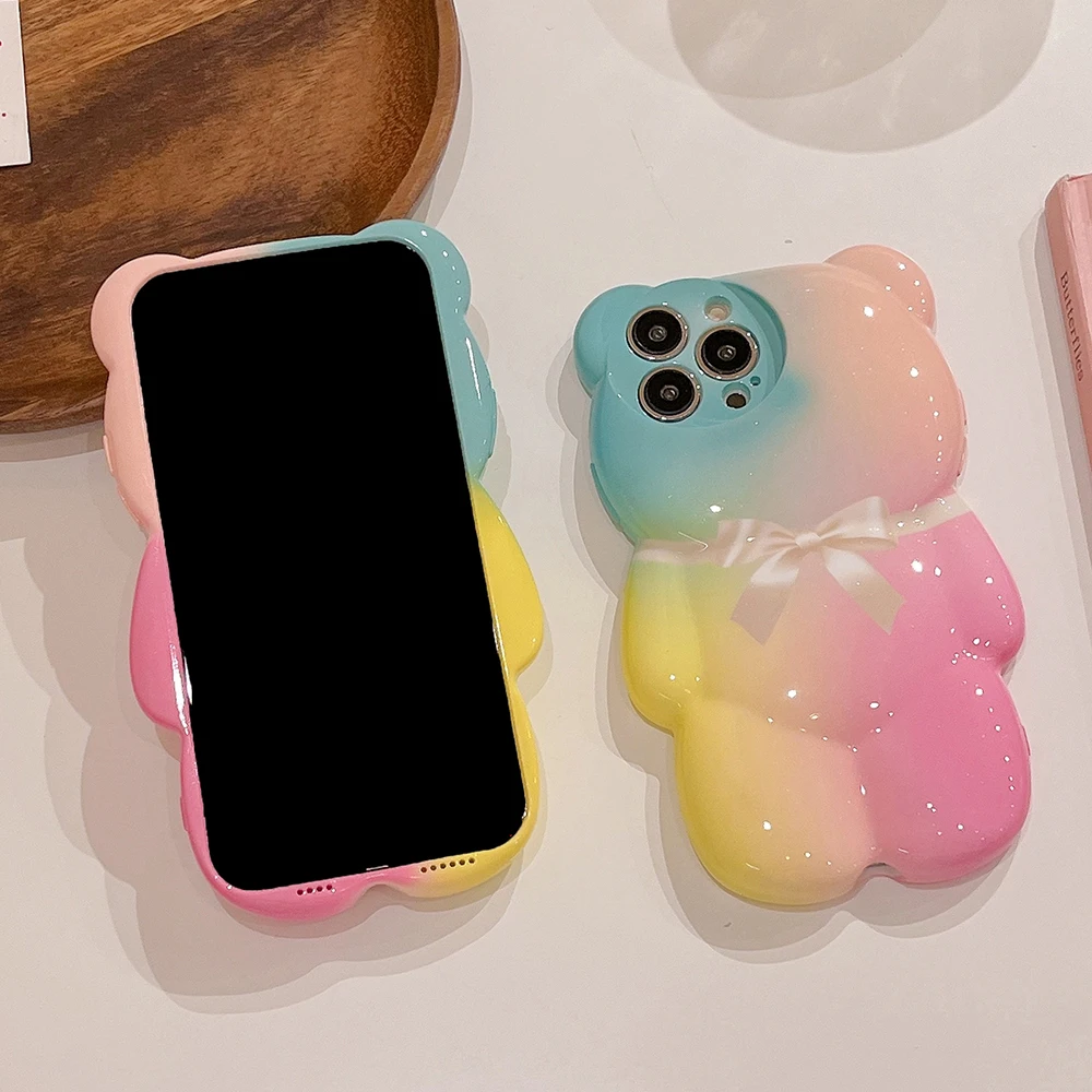 Colorful Bowtie Cute Little Bear shaped phone case for iphone 15 14 Plus 13 12 11 Pro Max XS MAX XR XS X Back Cover