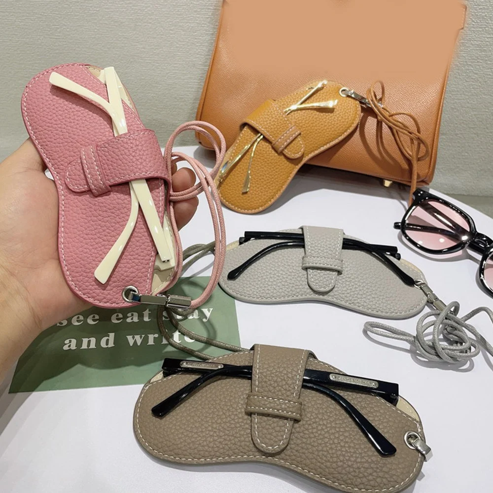 Portable Sunglasses Box Women Retro PU Leather Glasses Case Eyewear Pouch Bags Glasses Storage Pendant with Wristband Neck Strap