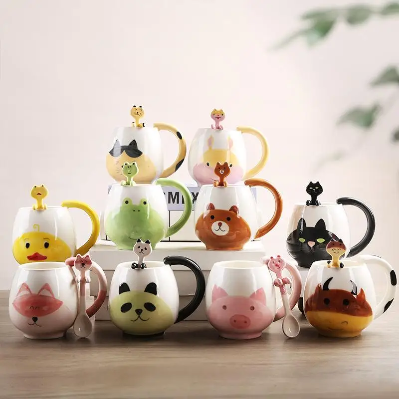 かわいい漫画風動物柄の陶器製マグカップ、手描きの子供用水筒、スプーン付き、コーヒー・ミルクカップ、家庭用、女性用マグカップ