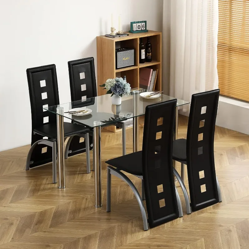 5-Piece Dining Table Set with 1 Glass Dining Table and 4 PVC Chairs, Modern Silver Dining Table Set for Kitchen