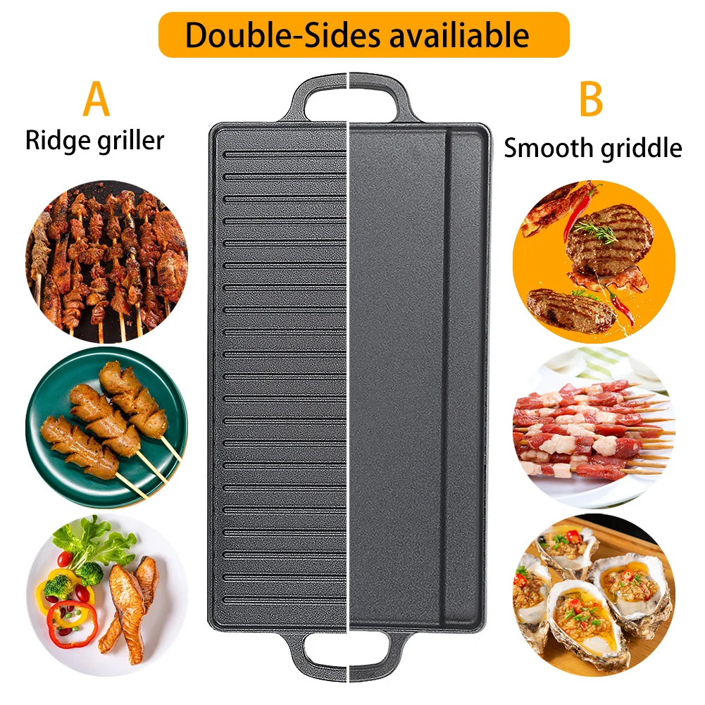 Non-Stick Cast Iron Grill Griddle Pan Ridged and Flat Double Sided Baking Cooking Tray Bakeware