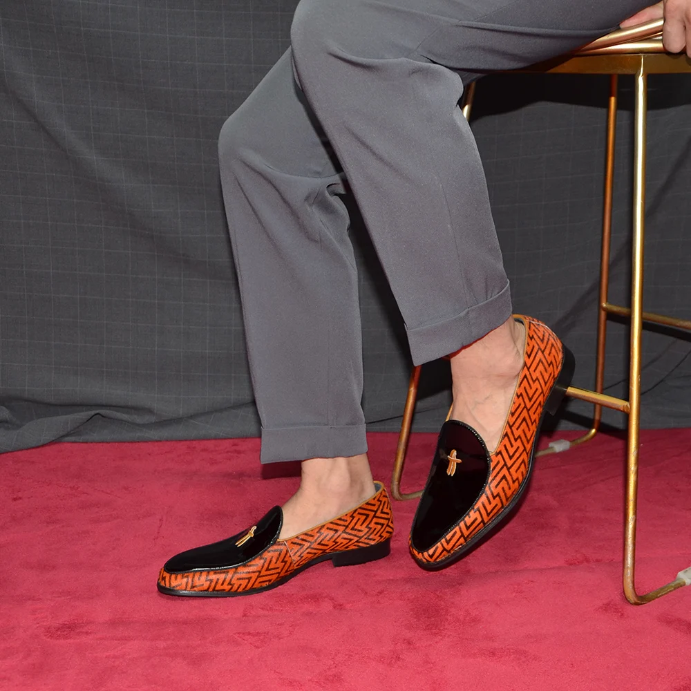 Luxury Designer Patterned Men's Penny Loafers Stylish Wedding Party Dress Shoes Unique Horse Hair and Patent Leather Design