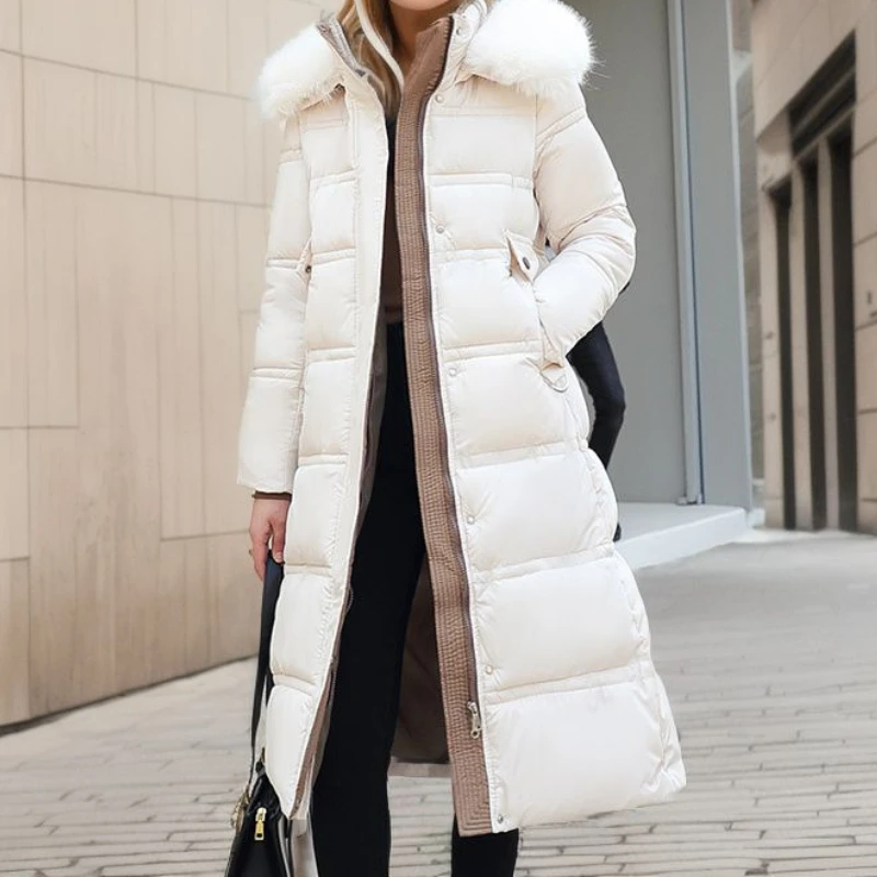 

2024 New Slim Fit And Slimming Big Fur Collar Extended Cotton Jacket Women's Long Style Knee High Waistband Jacket