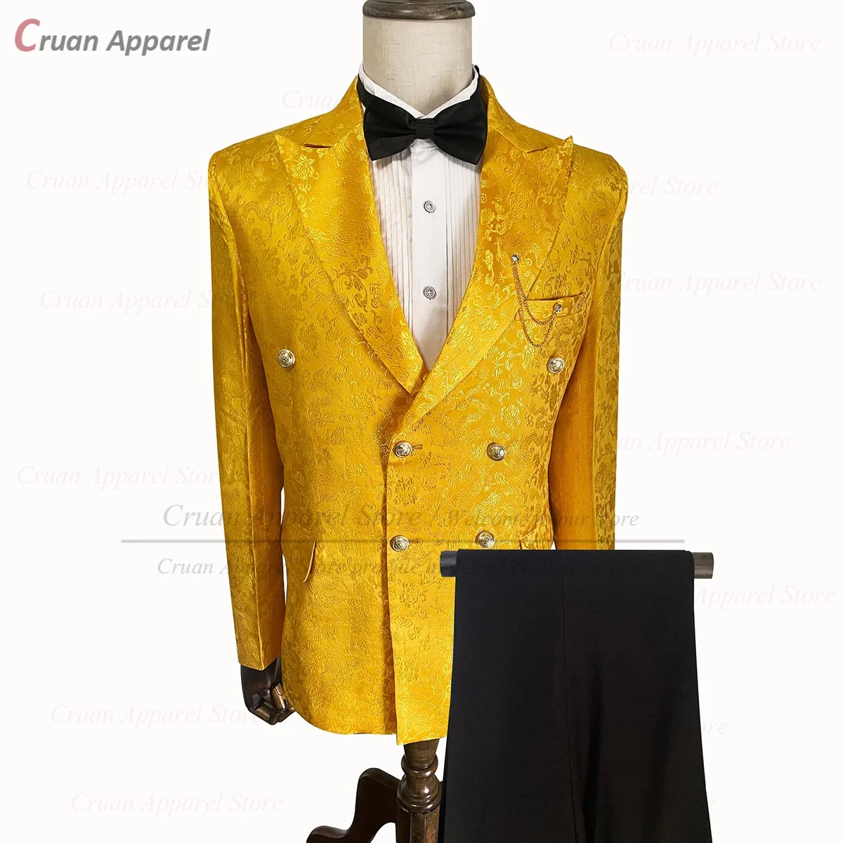 

Luxury Gold Suits for Men 2 Pieces Fashion Double Breasted Shiny Floral Printed Blazer Pants Set Tailor-made Prom Wedding Tuxedo