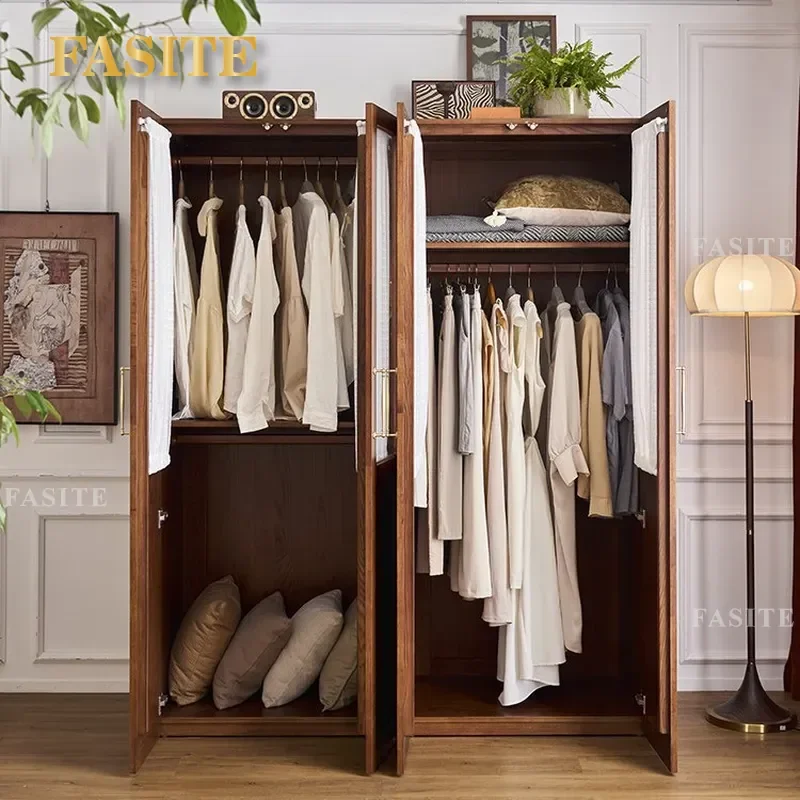 For French Retro Solid Wood Wardrobe Antique Bedroom Gauze Curtain Glass Door Cabinet Home Storage Locker Furniture