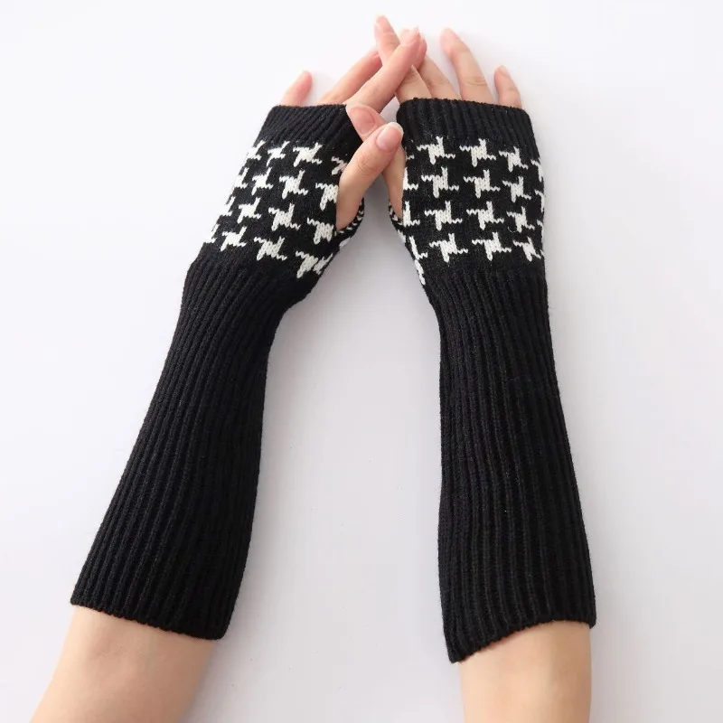 Qiandongge G 10 Jacquard Knitted Wool Womens Half Finger Gloves Mid Long Sleeves Autumn Winter Warm Comfortable Fashionable