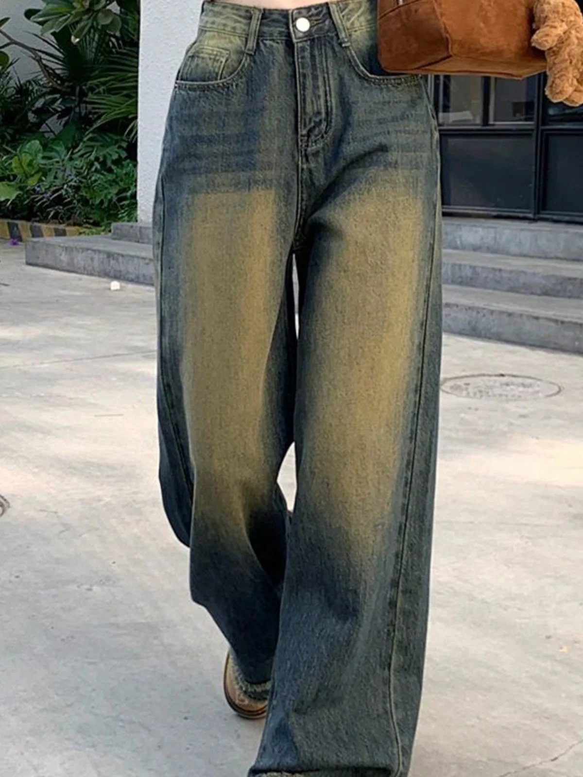 High Waist Wide Leg Cement Grey Denim Jeans Women Loose Fitting Straight Cut Floor Length Trousers Korean Chic Vintage Style
