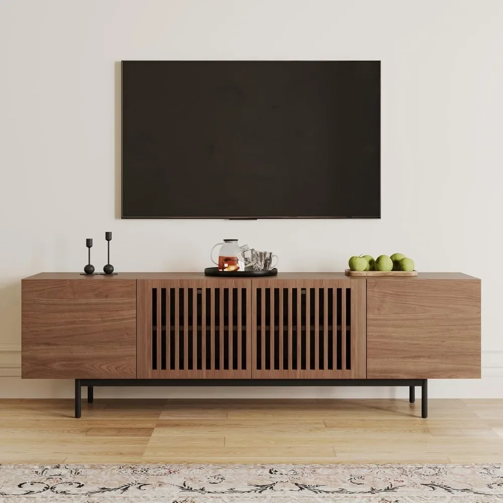 

65+ Inch TV, 70'' Walnut Entertainment Center For Living Room Bedroom, Slatted TV Console With Door & Metal Legs|