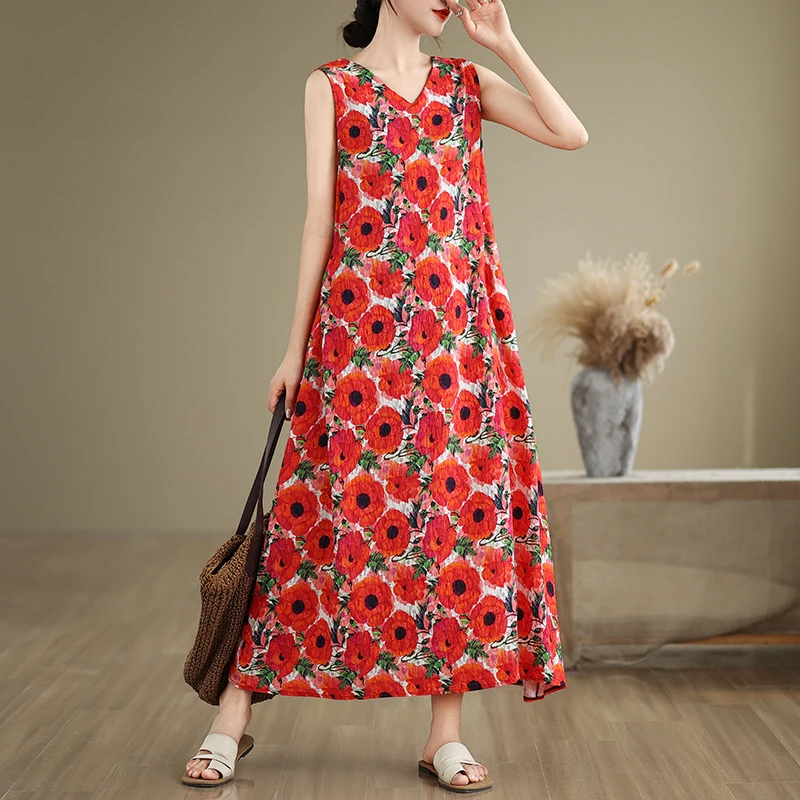 فستان صيفي 2025 مقاس كبير بدون أكمام ورقبة على شكل V، فستان طويل للنساء بتصميم نحيف على طراز السترة، فستان ميدي بطبعة رجعية م...