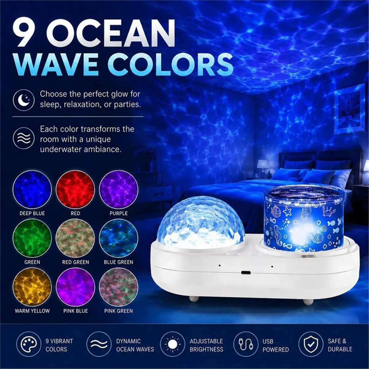 【HOT A88T】 2-in-1 Ocean Projector Night Light, 6 Slides, Color Wave Light, 360° Rotatable Star Projector for Bedroom