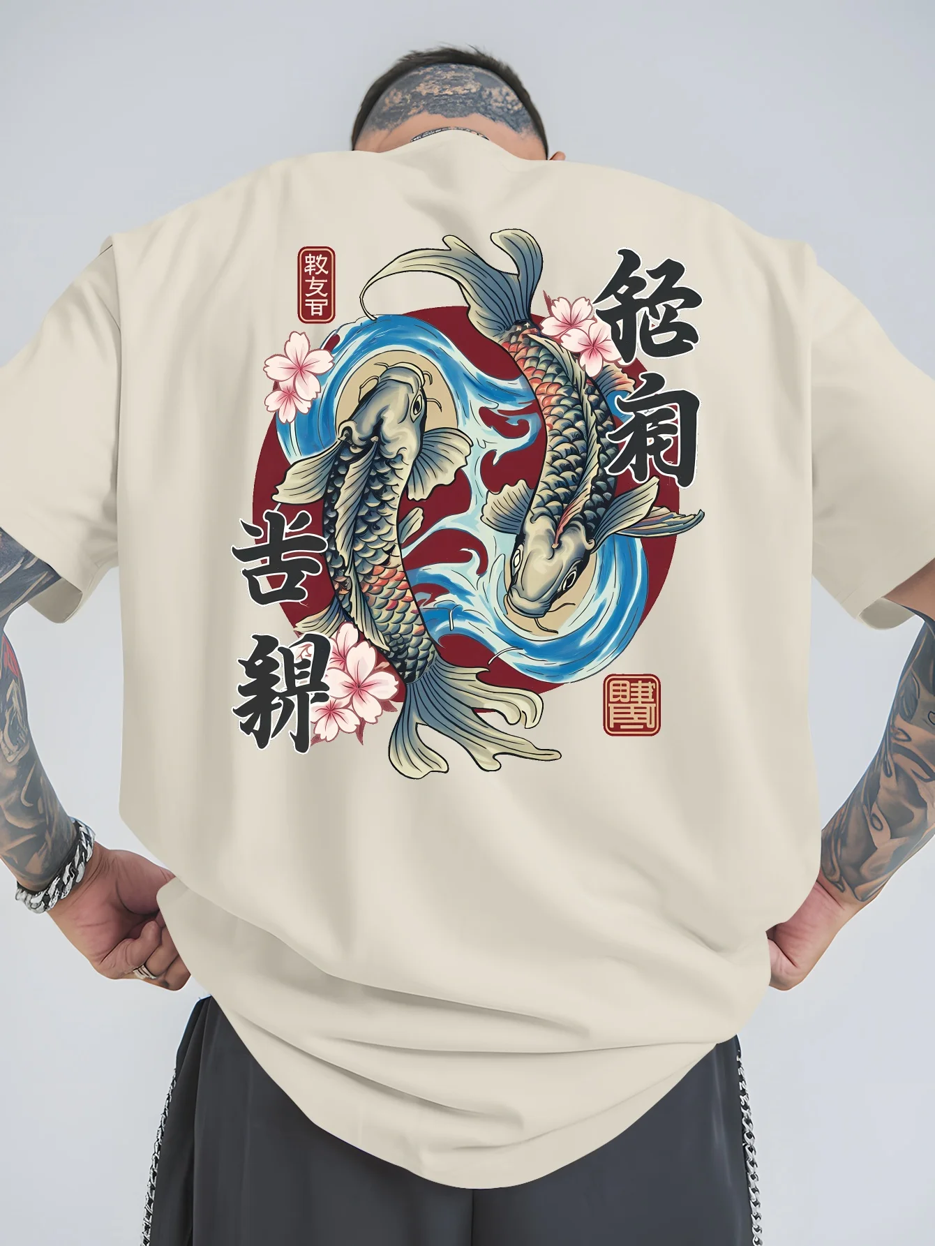 Japanischer Karpfenmuster-Sommer-Sport-Freizeit-Kurzarm-T-Shirt für Herren aus 100 % Baumwolle mit trendigem Aufdruck und lockerem Rundhalsausschnitt