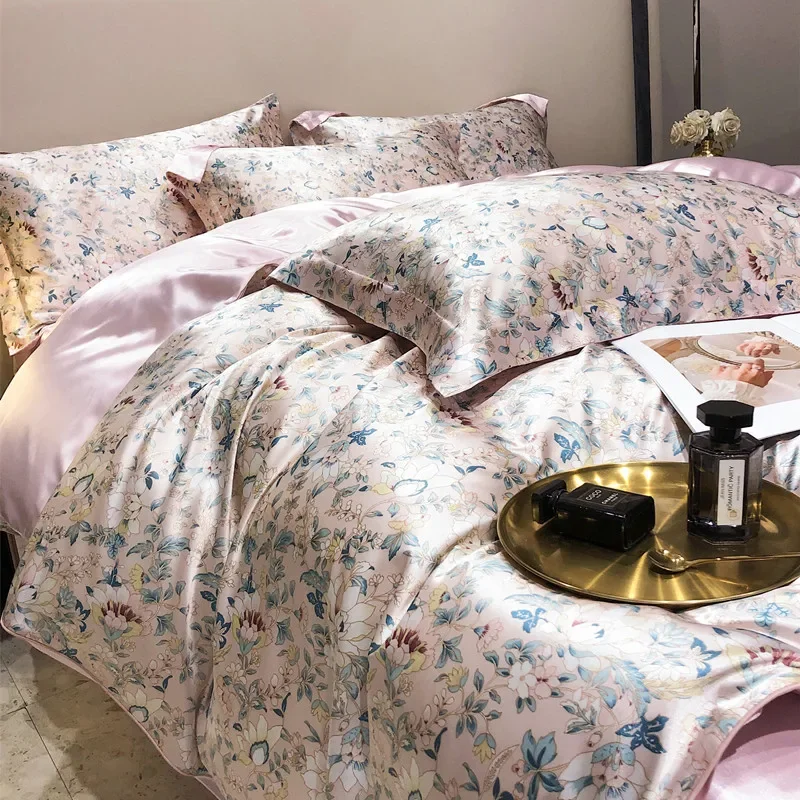 Naked Sleep Silk Four-Piece Set Mulberry Silk Smooth Quilt Cover Sheet Bed Skirt Bedding Reactive Dyeing Four Seasons