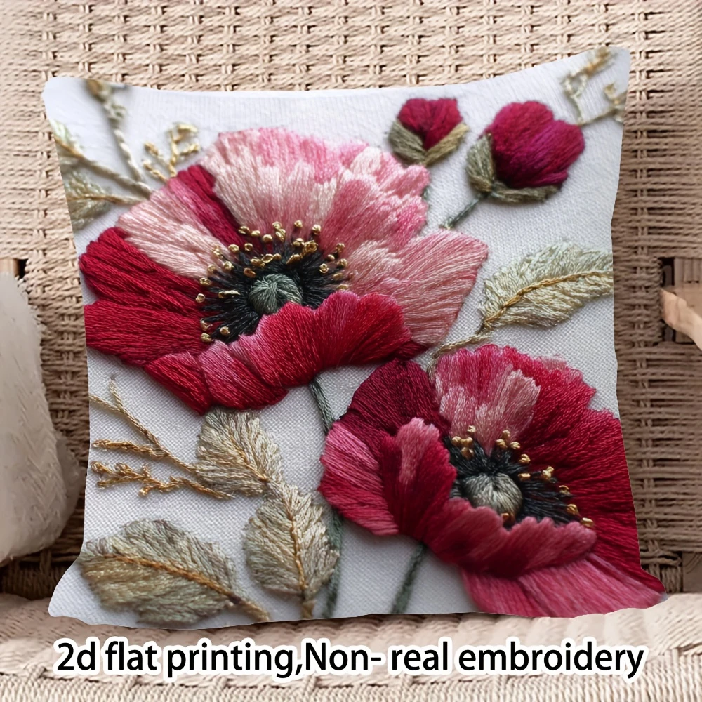 Poppy Kissenbezug mit Kunststickerei, 2D-Blumendruck, Vintage Botanik-Muster, Kissenhülle für Sofa, Bett, Couch, Boho, französische Heimdekoration