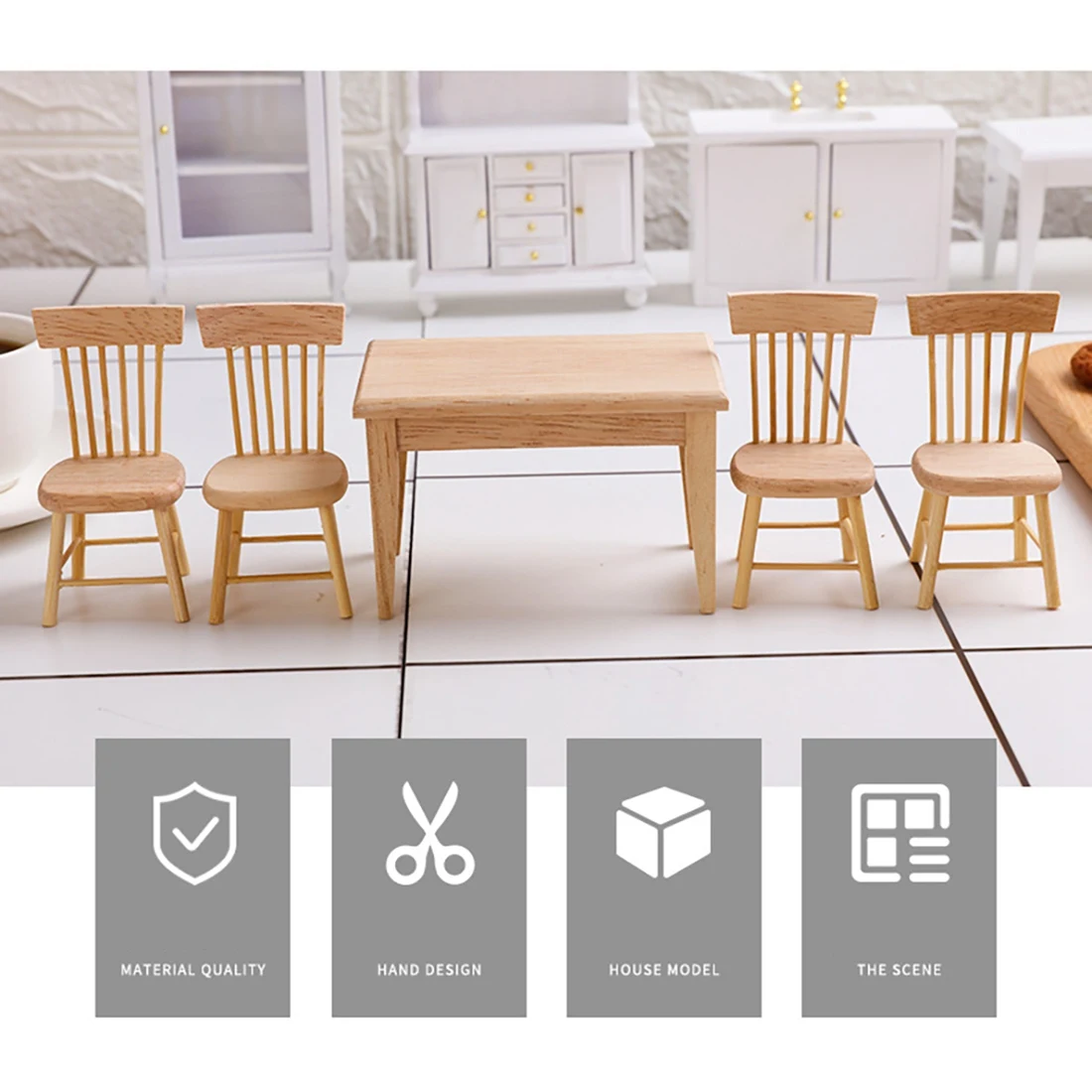 BAAA-1/12 เฟอร์นิเจอร์บ้านตุ๊กตาไม้ของชุดโต๊ะและเก้าอี้, อุปกรณ์บ้านตุ๊กตาจิ๋วของอุปกรณ์ห้องรับประทานอาหาร