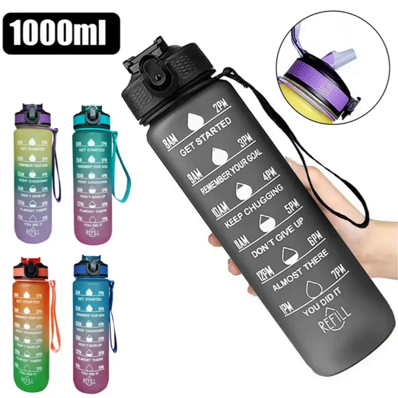 Botella deportiva de 1000ML, botella de agua de Color degradado con escala de tiempo, taza portátil para beber para deportes al aire libre, taza de agua para campamento de ciclismo