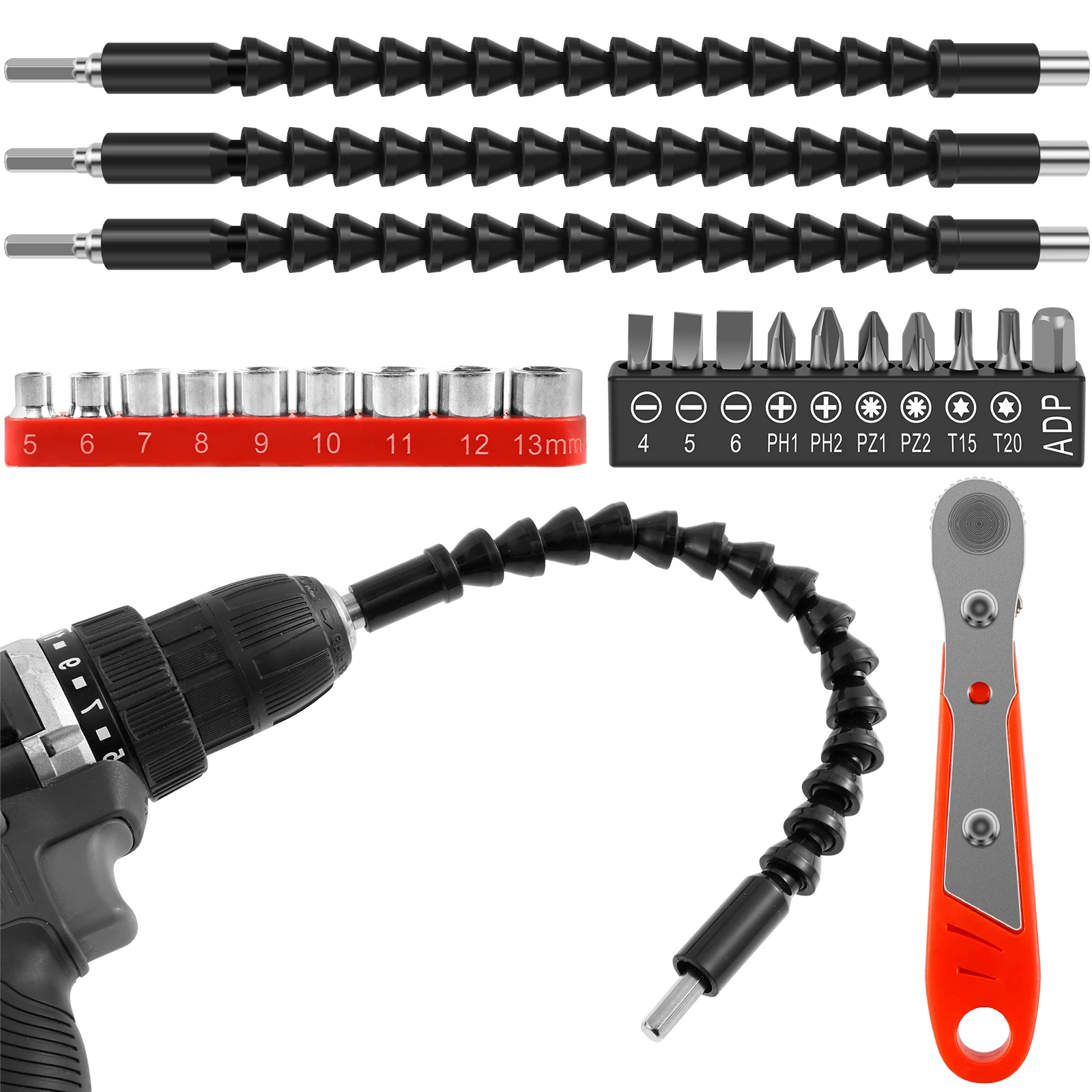 4set Flexible Drill Bit Extension Set Soft Shaft Screwdriver with 10 Screwdriver Bits 9 Sockets and 1 Wrench Drill Woodworking