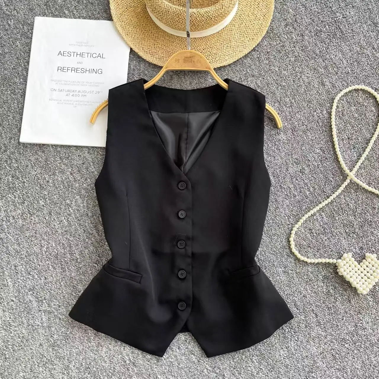 

Sky Blue Chic One Button Blazer Vest for Women V-neck Notched Suits Jacket Sleeveless Vest Spring Summer Lapel Shirt Coat Korean