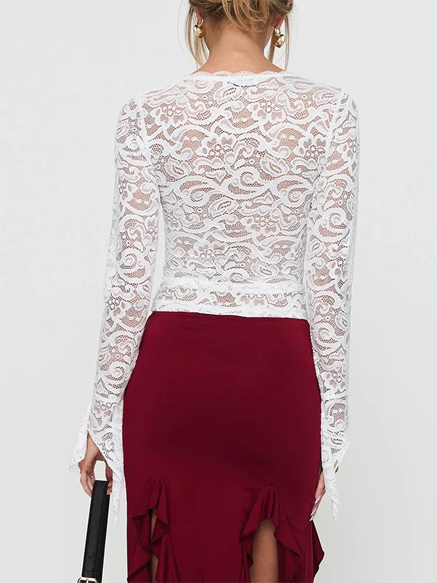 المرأة طويلة الأكمام تي شيرت الأزهار الدانتيل شير عارضة قمصان ربيع الخريف سليم صالح قمم الشارع الشهير