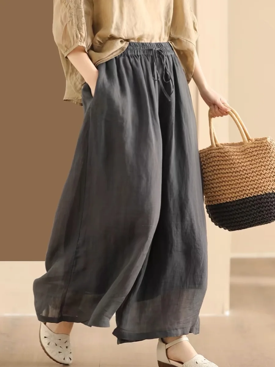 Retro Cotton Linen Wide Leg Pants Women Loose Double Layer Inner Casual Pants Elastic Waist Skirt Pants Long Pants