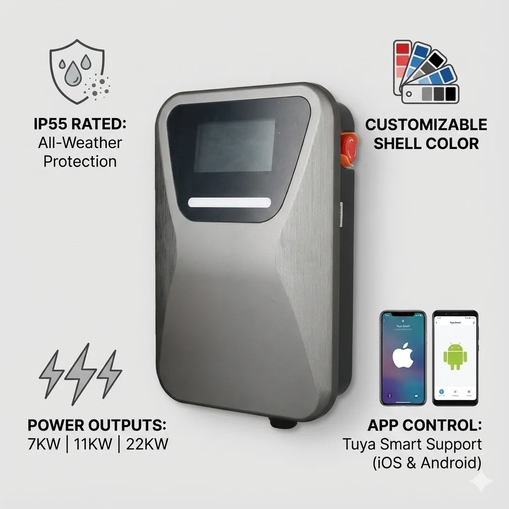 Gray Wall Mount 7KW AC EV Charger 32A Type2 GBT for Tesla Model Y Model T11 Fast Charging New Condition