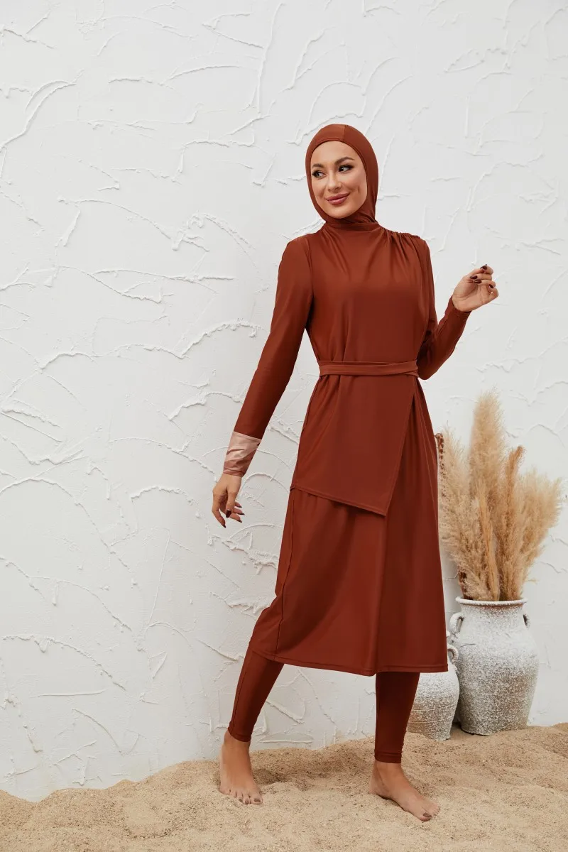 

Мусульманский женский повседневный купальник-тройка: комплект из трех предметов, круглый вырез, консервативный стиль, оранжевое лоскутное платье, брюки с высокой талией