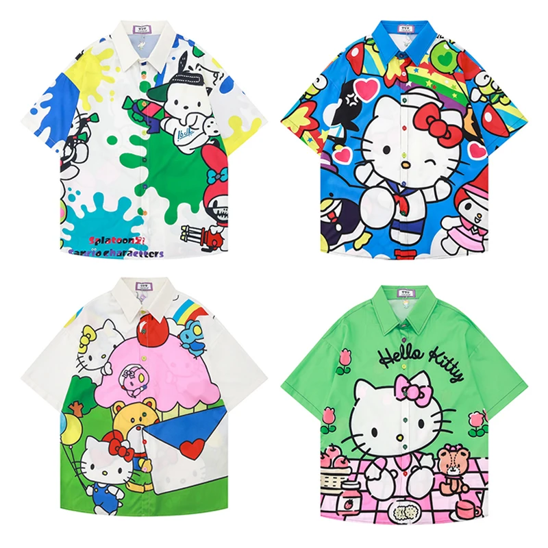 Sanrios Pochacco Hellokitty Blue Green Series Casual Cartoon Anime Short Sleeve Shirt Fun Cute Sweet Loose Summer Women Clothes